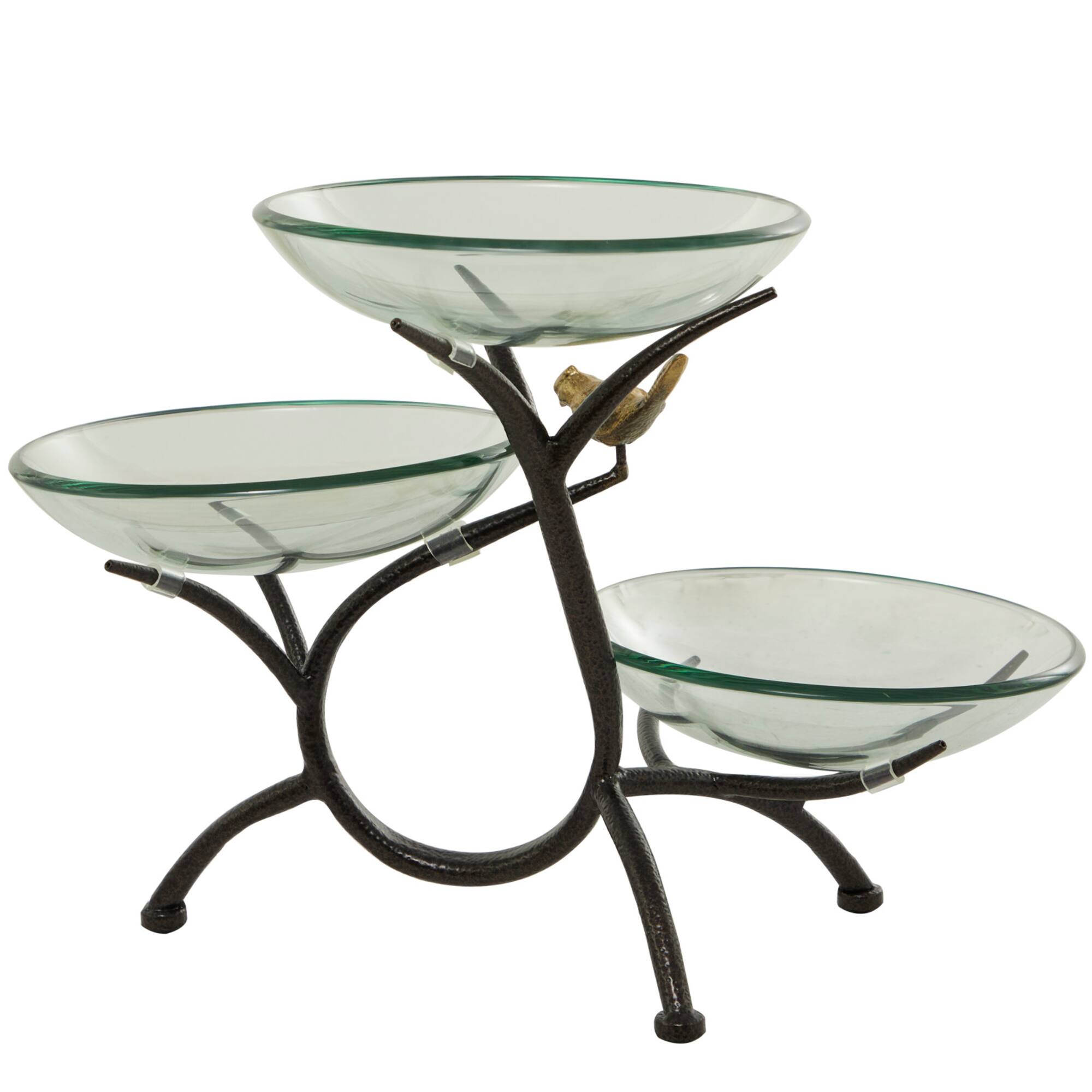 20" Clear Glass Kitchen Serving Bowl with 3-Tier Black Metal Branch Stand